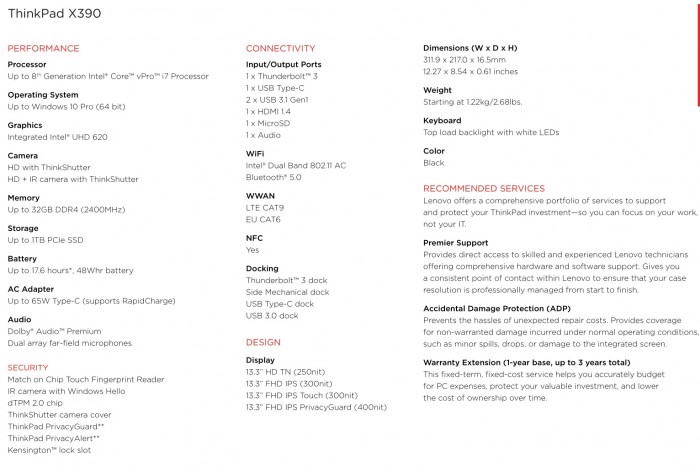 Daten des Thinkpad X390 (Bild: Lenovo)